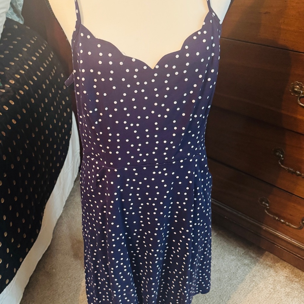 Scalloped Navy/ White Polka-dot Dress with adjustable spaghetti straps L